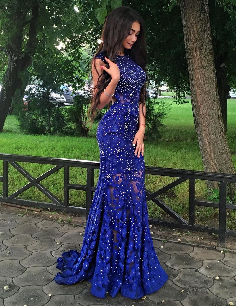 Exquisite Jewel Sweep Train Royal Blue Lace Mermaid Prom Dress With Beading Open Back On Luulla 8854