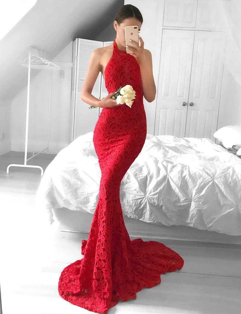 Long Mermaid Style Backless Halter Sleeveless Red Lace Prom Dress On Luulla