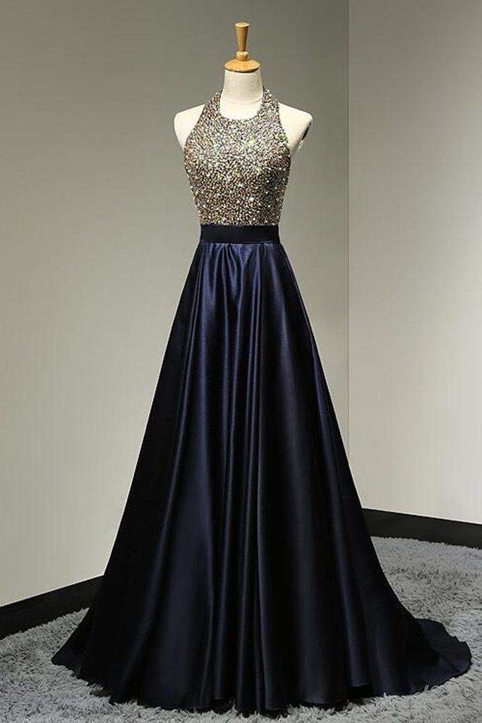 Charming Halter Sweep Train Backless Dark Blue Pleated Prom Dress With Beading On Luulla